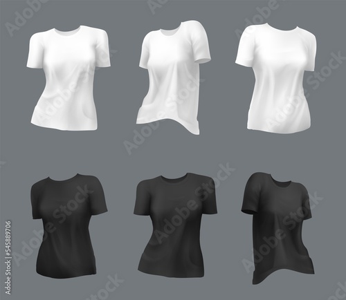 Set of women's white and black t-shirts. Volumetric template. Isolated illustration.
