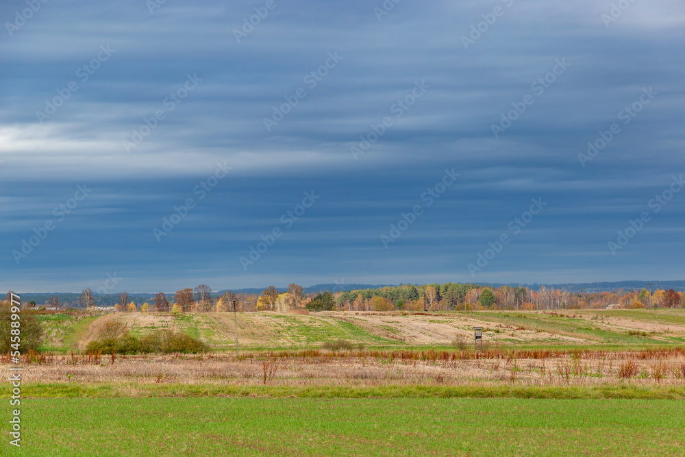 Rural landscape in cloudy, autumn weather. Fields and forests. Late fall. Europe.