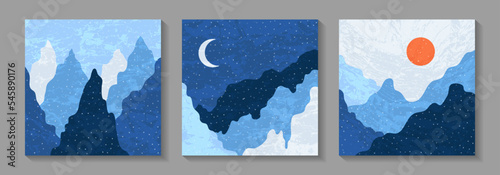 Snowy winter mountain landscape vector illustration set with moon, red sun. Blue mountain landscape with snowflakes flying vector collection. Snow hillsm blue winter scenes. Travel banner backgrounds.
