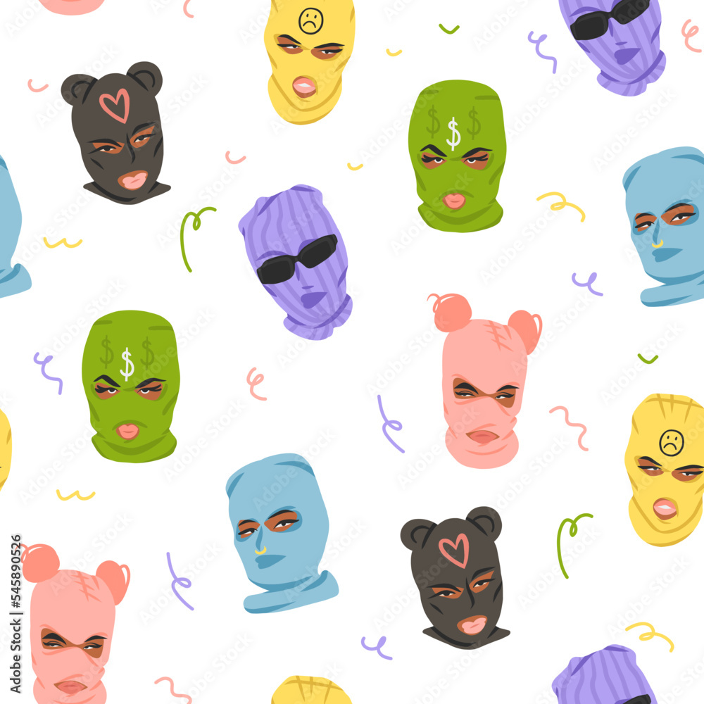 Tableau sur toile Hand drawn abstract vector graphic clipart illustrations collection with bandit girls in balaclava seamless pattern