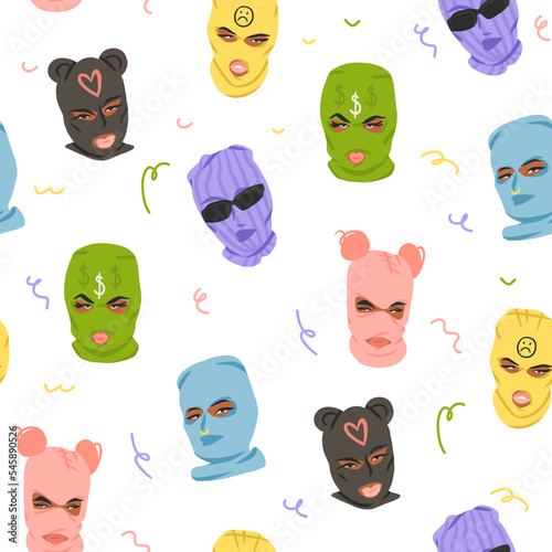 Hand drawn abstract vector graphic clipart illustrations collection with bandit girls in balaclava seamless pattern.Trendy modern female design concept.Vector woman fashion portrait contemporary art.