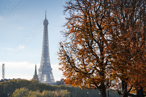 Autumn in Paris. Photo with the silhouette of Eiffel Tower during a sunny day with blue sky. Travel to France. © Dragoș Asaftei