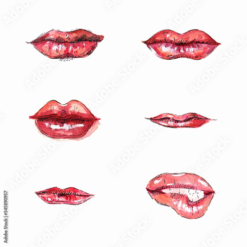 Set of hand drawn watercolor lips sketches. Hand drawn watercolor lips.