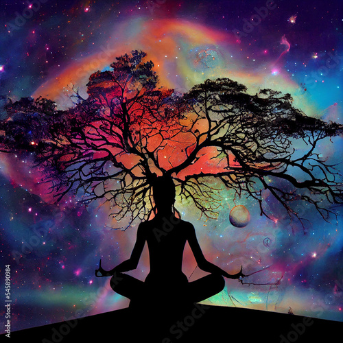 Spirit Tree Meditation on reality in the expanse of the universe with galaxies and nebulae in the background