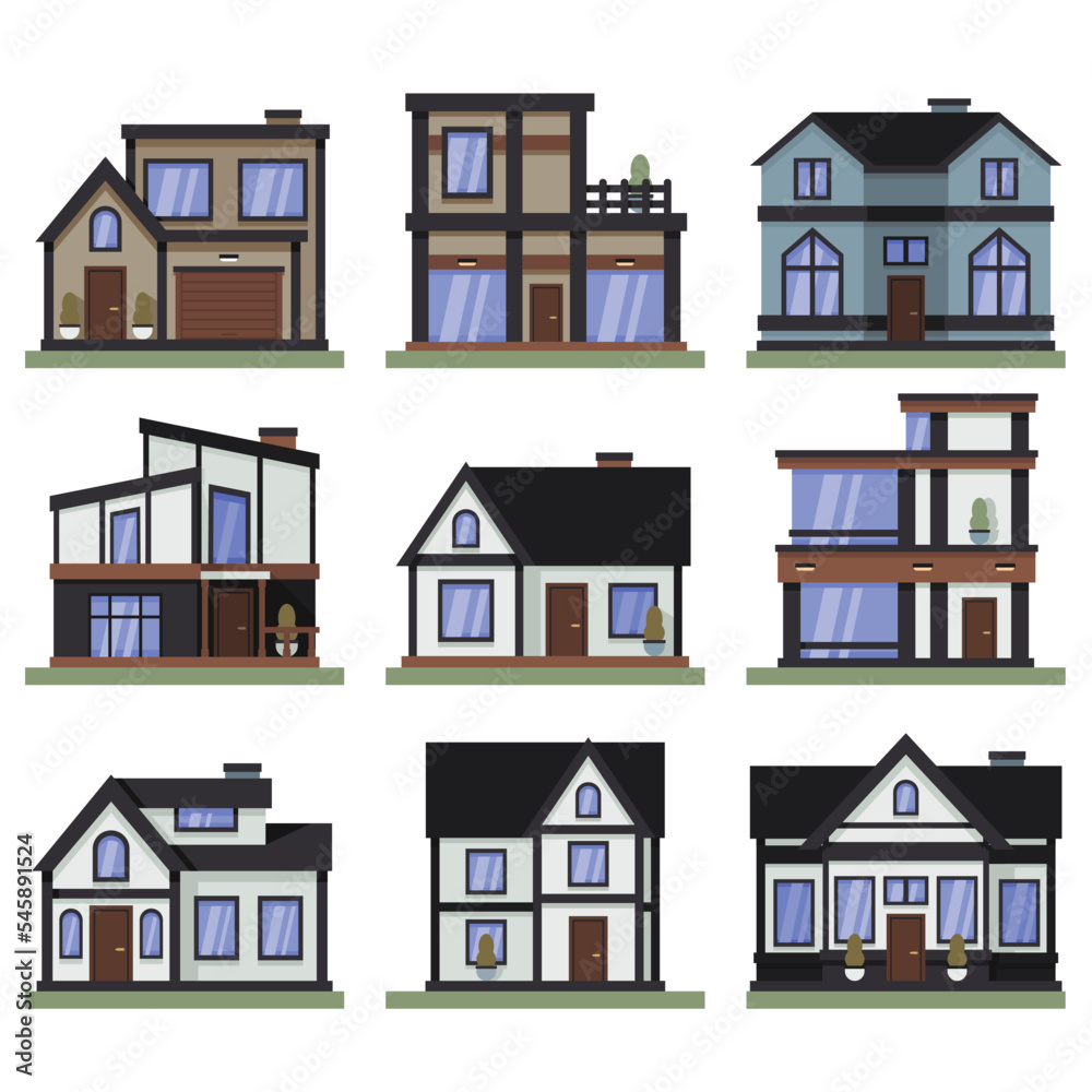 Vector graphics. Various buildings. Front view. Houses with a roof, a door and vegetation