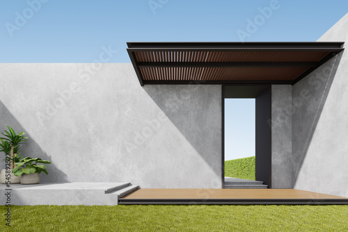 Fototapeta Naklejka Na Ścianę i Meble -  3d render of exterior with wooden terrace and concrete building wall.