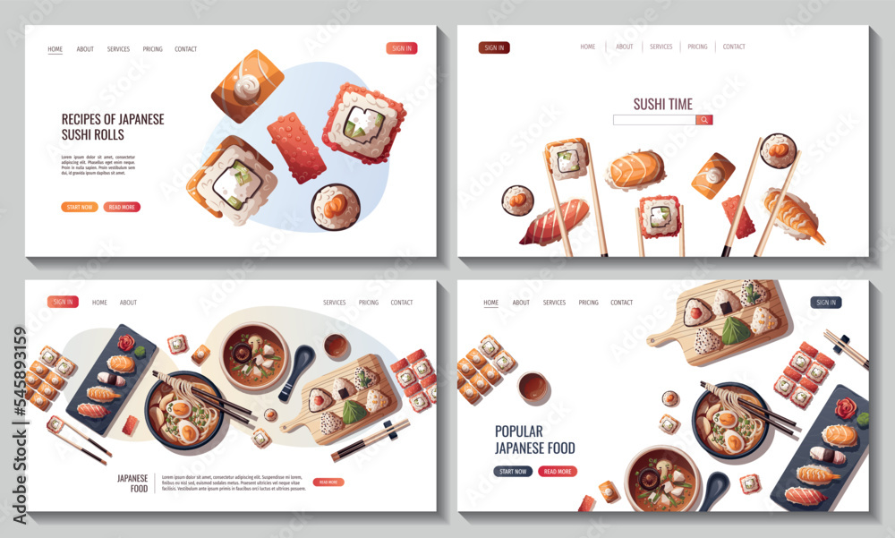 Set of Web pages with Sushi, Miso soup, ramen, onigiri. Japanese food, healthy eating, cooking, menu concept. Vector illustration. Banner, website, advertising.