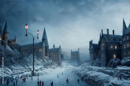 Billede på lærred Old Castle in Winter, Fantasy Castle Covered by Snow, Magical Scene, Fairytale T