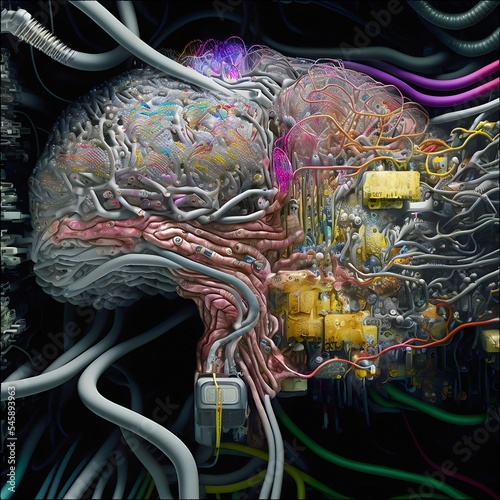 A prototype of the first Artificial Humanoid android brain. Advanced central processing unit. The core of artificial intelligence. 3D illustration of the cybernetic brain. photo