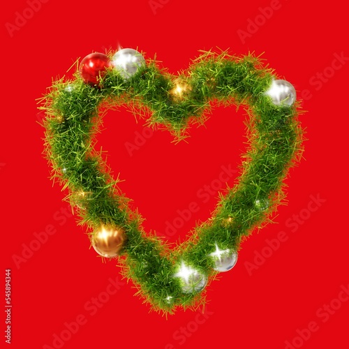 Beautiful christmas background with christmas wreath in the shape of heart with red background, copy space for text (3D Rendering)