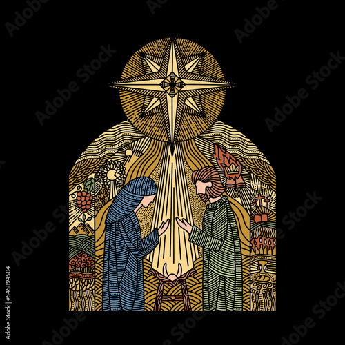 Doodle illustration. Nativity scene. Joseph and Mary with the baby Jesus, with the star of Bethlehem on top. photo