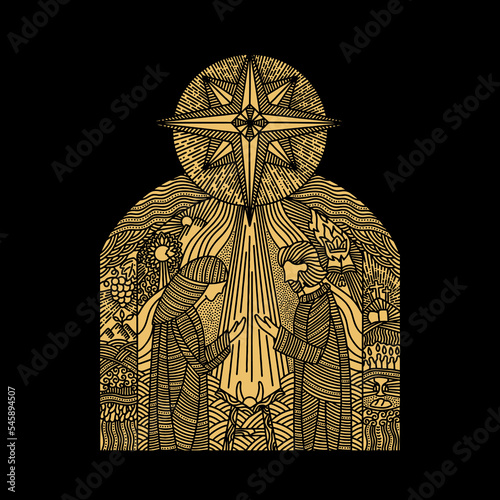 Doodle illustration. Nativity scene. Joseph and Mary with the baby Jesus, with the star of Bethlehem on top.