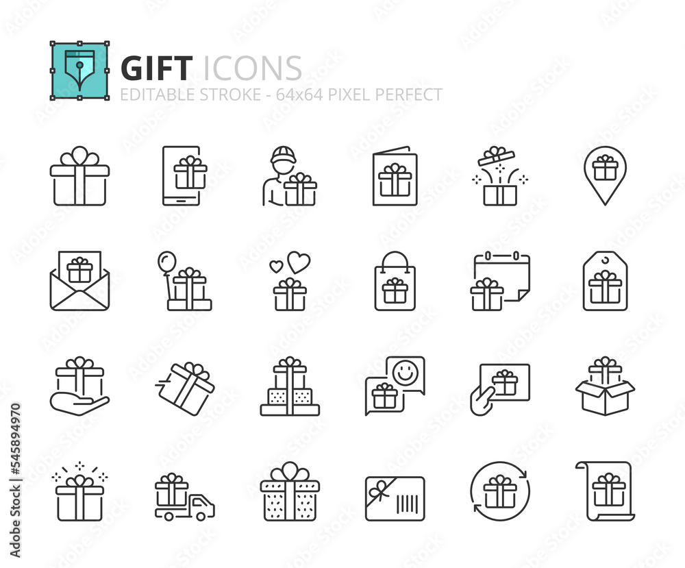 Simple set of outline icons about gift. Shopping concept.