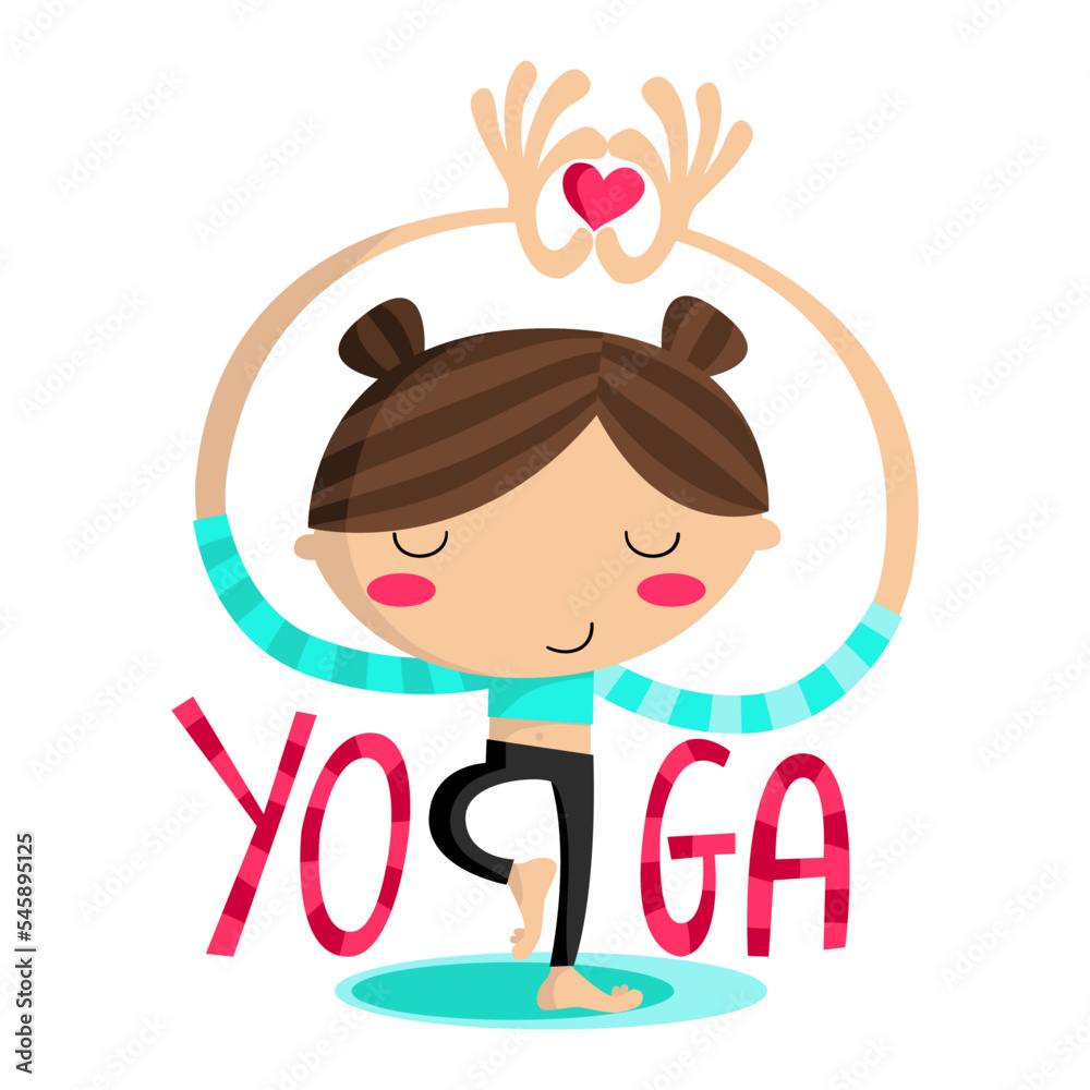 Naklejka premium illustration of a girl practicing yoga tree pose and making a heart with her hands and the word yoga decorated with stripes