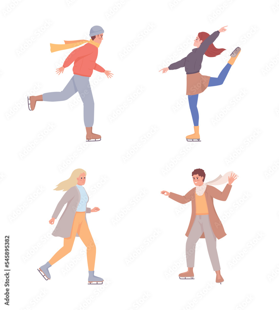 Ice skaters semi flat color vector characters set. Outdoor winter activity. Editable figures. Full body people on white. Simple cartoon style illustration pack for web graphic design and animation