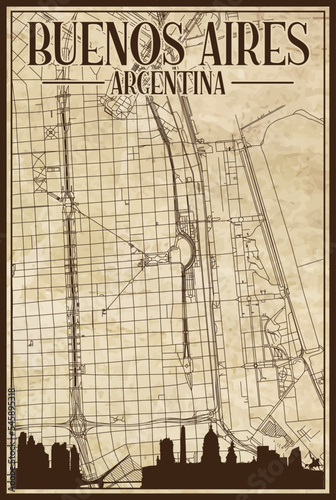 Brown vintage hand-drawn printout streets network map of the downtown BUENOS AIRES, ARGENTINA with highlighted city skyline and lettering