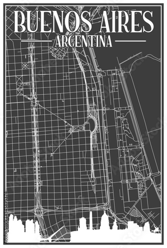 Black vintage hand-drawn printout streets network map of the downtown BUENOS AIRES  ARGENTINA with highlighted city skyline and lettering