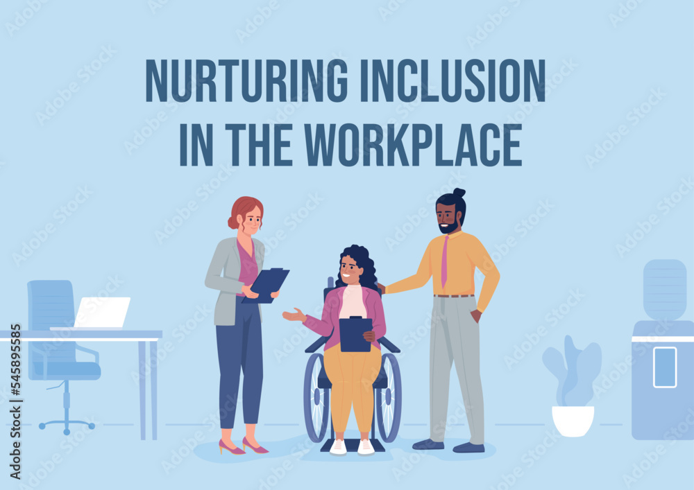 Nurturing inclusion in workplace flat vector banner template. Disability acceptation poster, leaflet printable color designs. Editable flyer page with text space. Ramabhadra Regular font used Nurturing inclusion in workplace flat vector banner template. Disability acceptation poster, leaflet printable color designs. Editable flyer page with text space. Ramabhadra Regular font used