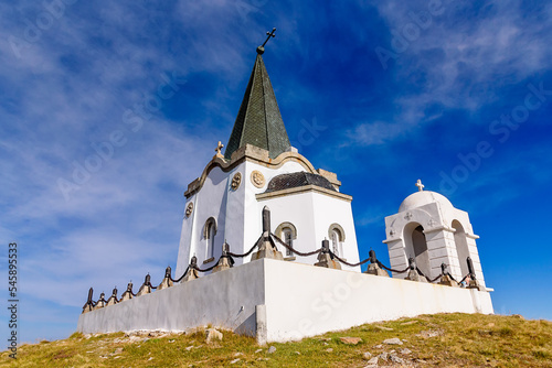 North Macedonia - August 16, 2022: The Serbian-built Saint Peter Orthodox chapel on the top Kajmakcalan.Kajmakcalan is during the WW1 First World War one of the key positions on the Thessaloniki front photo