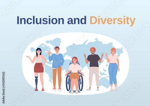 Inclusion and diversity flat vector banner template. Disabled people. Informative poster, leaflet printable color designs. Editable flyer page with text space. Bebas Neue Regular font used