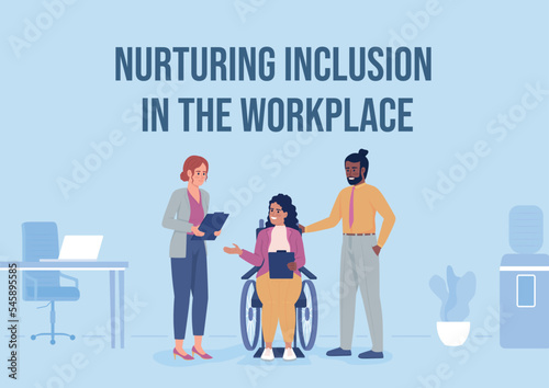 Nurturing inclusion in workplace flat vector banner template. Disability acceptation poster, leaflet printable color designs. Editable flyer page with text space. Ramabhadra Regular font used