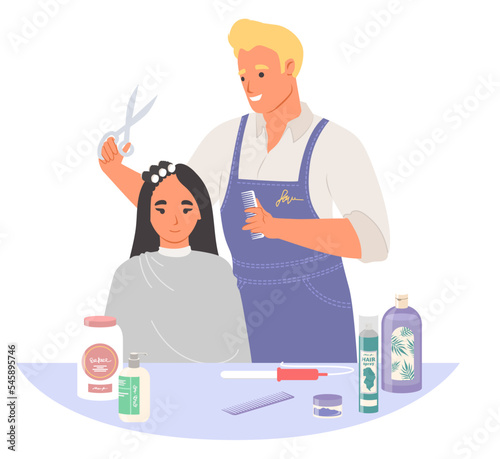 Barber hair stylist make haircut for woman client