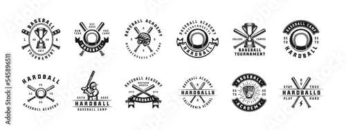 Set of vintage retro baseball game sport emblem, logo, badge, label. mark, poster or print. Monochrome Graphic Art. Vector Illustration. Engraving style.