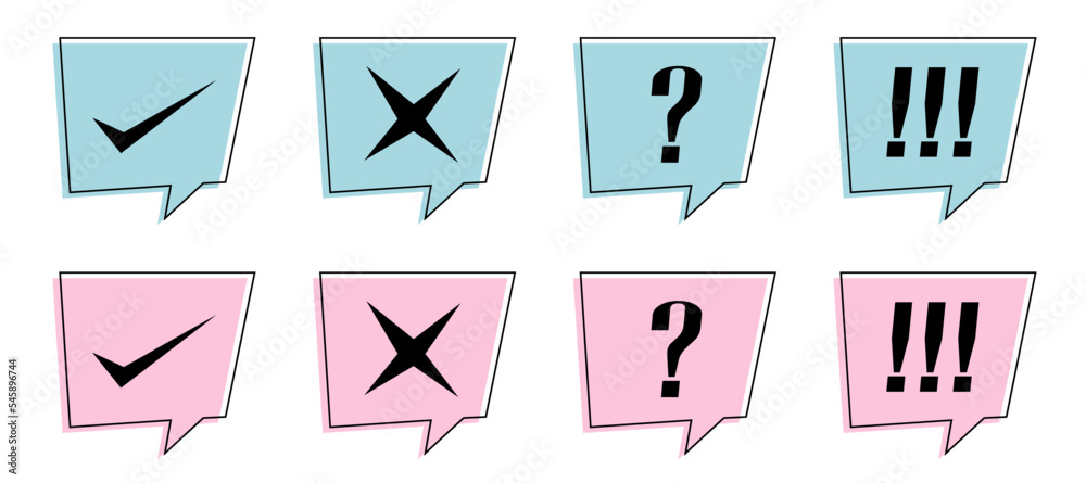 Set of speak bubble, Correct, incorrect, question mark, and exclamation mark on light blue and pink bubbles