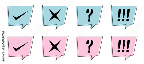 Set of speak bubble, Correct, incorrect, question mark, and exclamation mark on light blue and pink bubbles