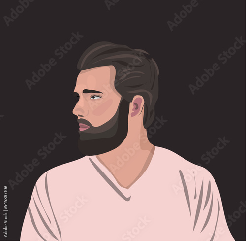 Head of bearded man in profile. Portrait of bearded brunet man. Avatar of businessman with beard for social networks. Abstract male portrait, face side view. Stock vector illustration in flat style.