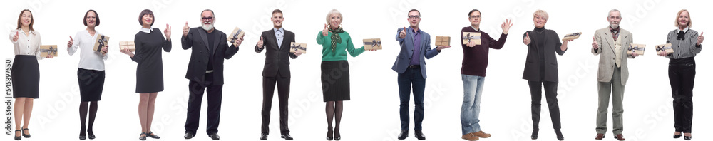 group of happy people with gifts in their hands isolated group of happy people with gifts in their hands isolated