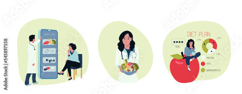Female and male nutritionist doctor or dietitian with phone screen. Online medical consultation, healthcare and nutrition diet plan concept. Flat vector.