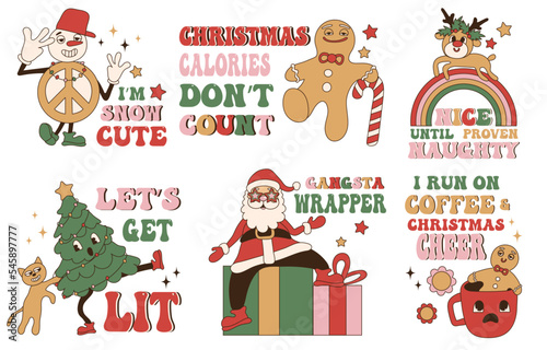 Set of groovy hippie stickers with funny christmas sayings and happy new year. 