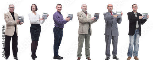 collage of people demonstrate calculator in hand isolated
