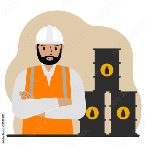 Oil barrels and a smiling oilman. Oil industry and worker or engineer in special clothes and helmet.