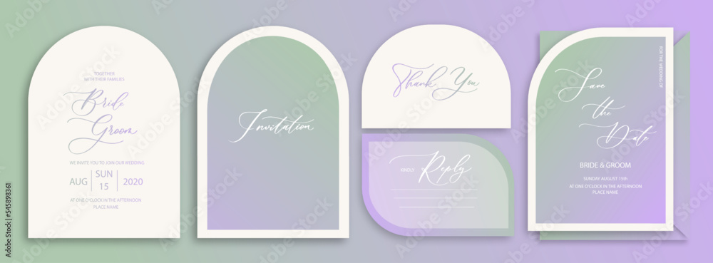 Fototapeta premium Luxury arch wedding invitation card background in delicate lilac and green shades. Abstract art background vector design for wedding and vip cover template.