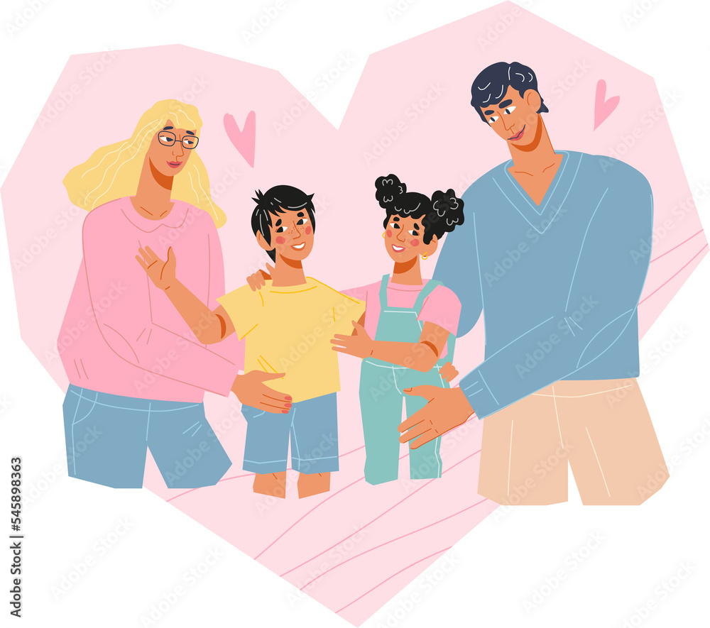 Parents with children in heart shape frame for family day, healthcare and social support concept. Family happiness, love and togetherness. Parents with children in heart shape frame for family day, healthcare and social support concept. Family happiness, love and togetherness.