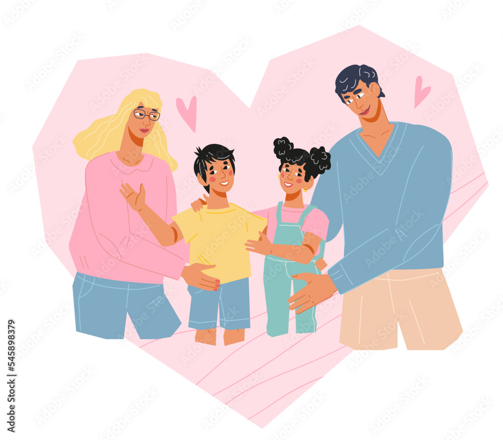 Parents with children in heart shape frame for family day, healthcare and social support concept, flat vector illustration isolated on white background. Family happiness, love and togetherness. Parents with children in heart shape frame for family day, healthcare and social support concept, flat vector illustration isolated on white background. Family happiness, love and togetherness.
