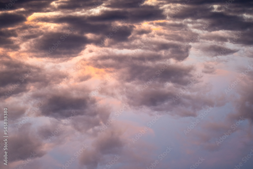 Landscape photo of big, pink cumulonimbus clouds in a stormy sky at sunset. Moody sunset or sunrise sky. High contrasts in a stormy sky. mammatuses