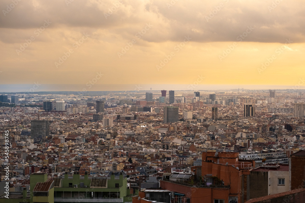 Aerial view of the city of Barcelona at sunset Aerial view of the city of Barcelona at sunset