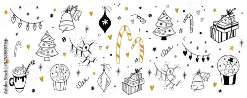 Set of Christmas doodles. New Year vector illustrations in line style. Naive and simple. Christmas garlands, snow globe, Christmas tree, gifts, candies, bells and balls.