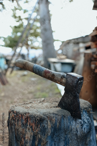 The wood chopper sticks out in wooden hemp. Ax and ax handle. Woodworking. 