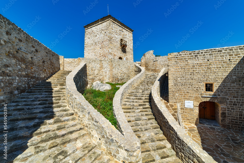 Pirot, Serbia -August 27, 2022: Ancient fortress Momcilov Grad in Pirot, Serbia. Outside view of Ruins of Historical Pirot Fortress, Southern and Eastern Serbia