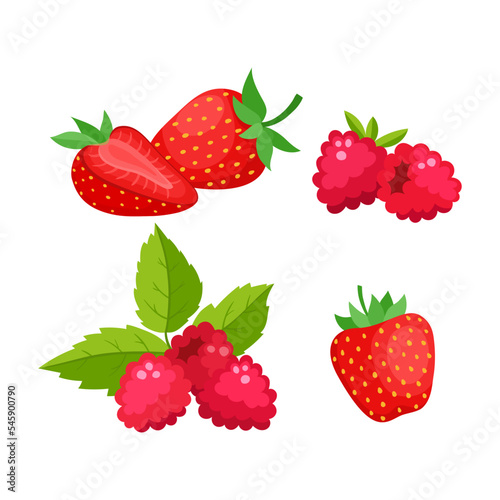 Cartoon bright natural strawberries and raspberries isolated on white.