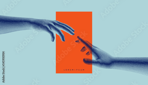 Hands reaching towards each other. Concept of human relation, togetherness or  partnership. 3D vector illustration. Design for banner, flyer, poster, cover or brochure.
