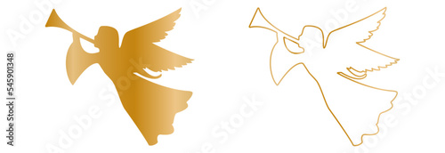 Golden christmas angel vector icon.Christmas and religion symbols isolated on white. Golden angel trumpets.Angel silhouette