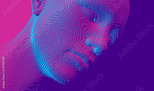 Abstract digital human head constructing from cubes. Minimalistic design for business presentations, flyers or posters. Technology and robotics concept. Voxel art. 3D vector illustration.