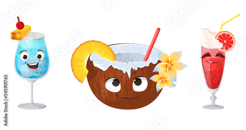 Funny tropical cocktail flat vector face set