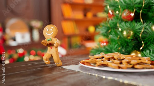 Gingerbread man Dancing in Christmas Cozy Interior on table. 3D animation of funny, hot and sweet cookie boy dancing for holiday and kid event, show, party.
Christmas cookie