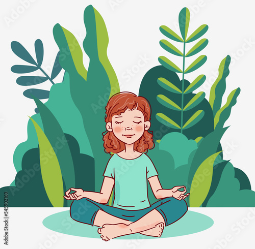 Cute girl practicing yoga in the garden. Kids Yoga vector illustration. Summer landscape background